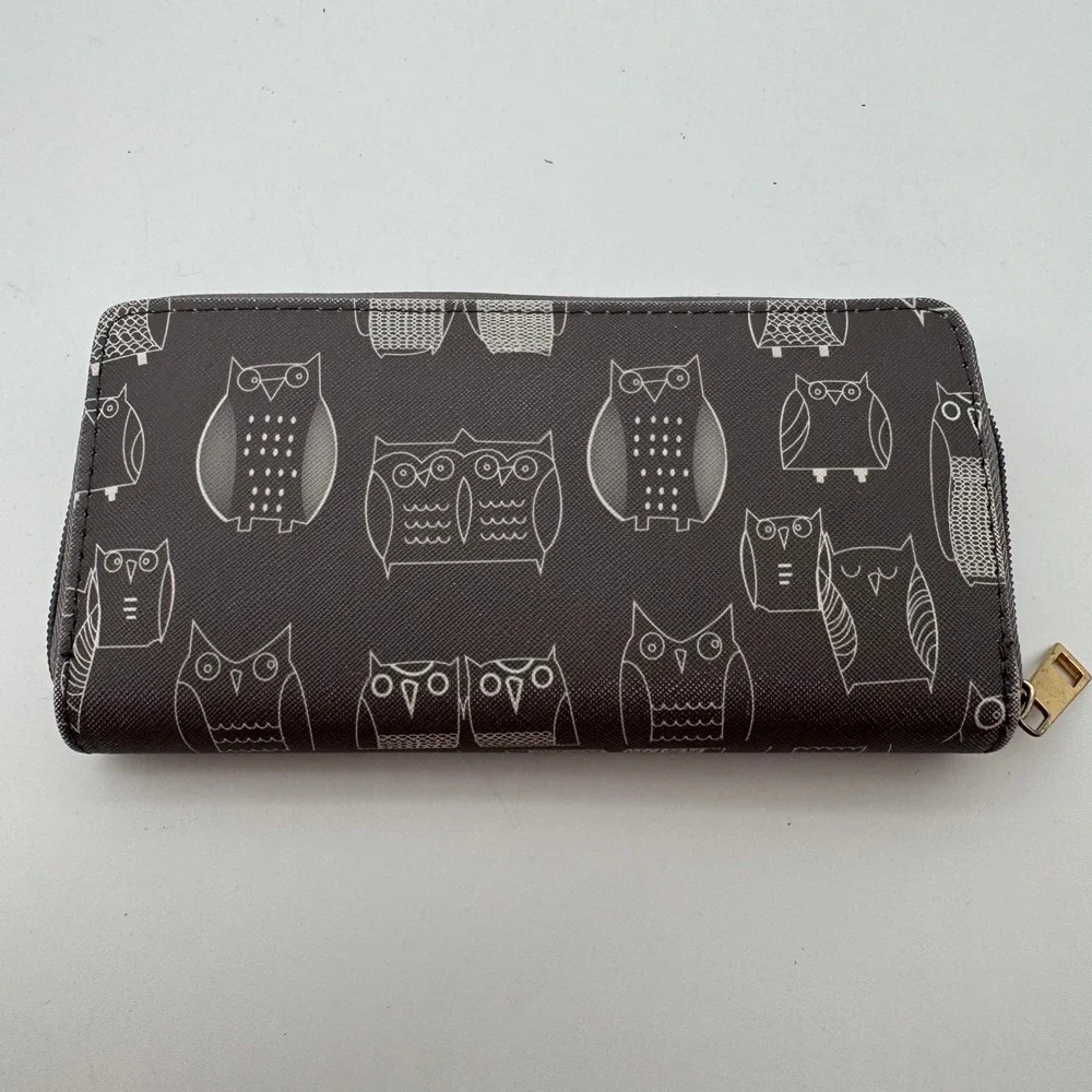 Owl Print Zip Around Wallet Clutch Organizer‎ Brown Gray Women's